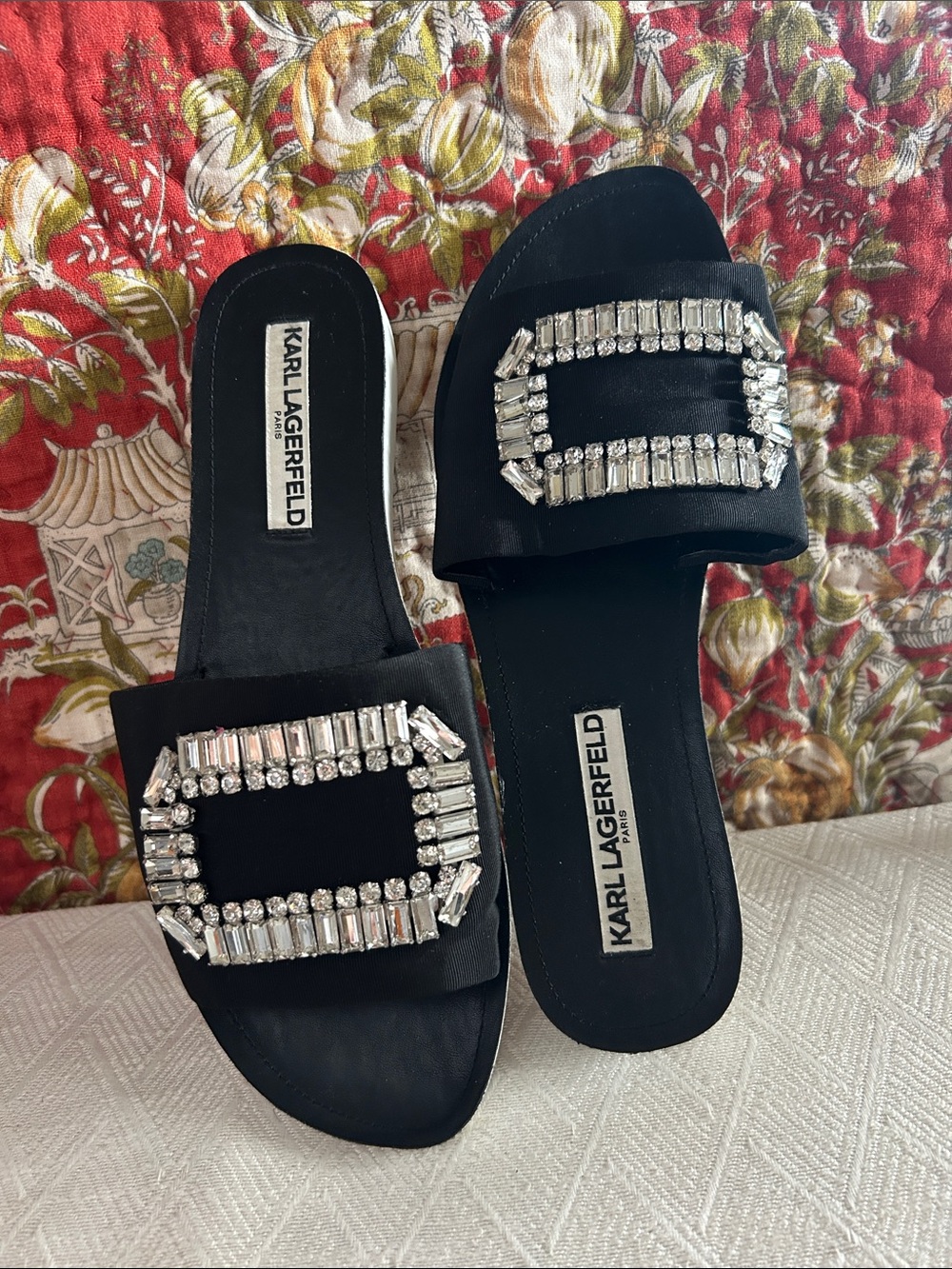 Karl Lagerfeld Black Crystal-Embellished Slide Mules